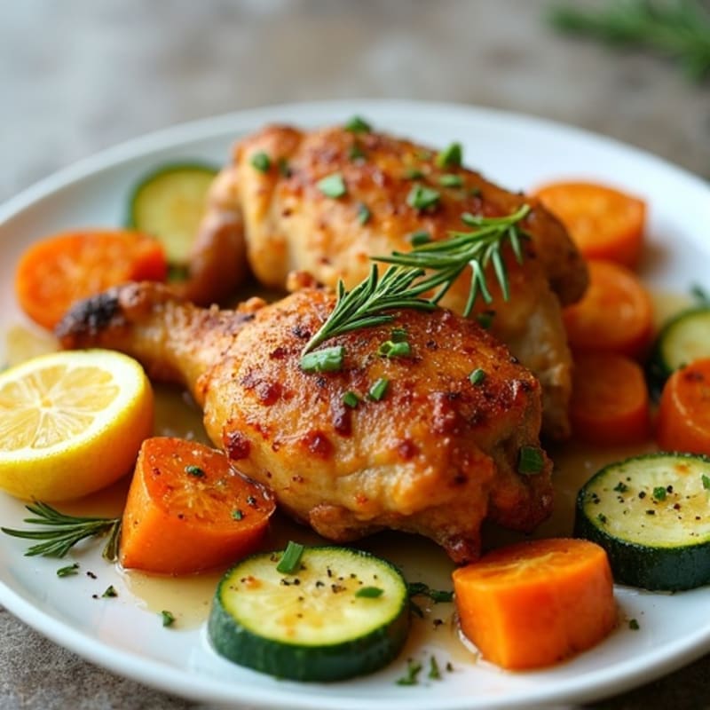 Crispy Lemon Herb Chicken Thighs with Roasted Sweet Potatoes and Zucchini