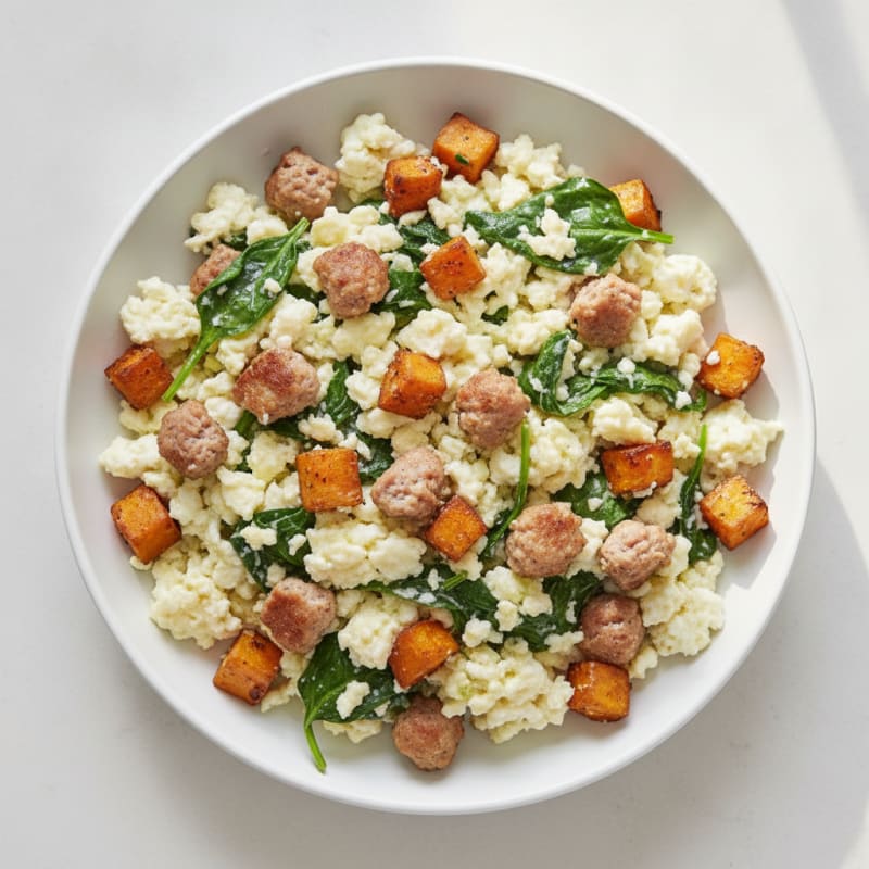 Egg White and Turkey Sausage Scramble with Spinach and Sweet Potato