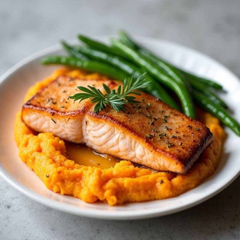 Seared Salmon with Garlic Green Beans and Sweet Potato Mash