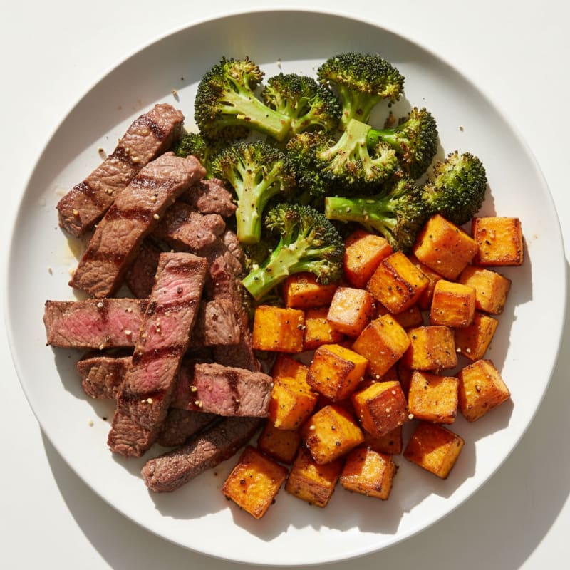 Seared Lean Beef with Roasted Broccoli and Sweet Potato