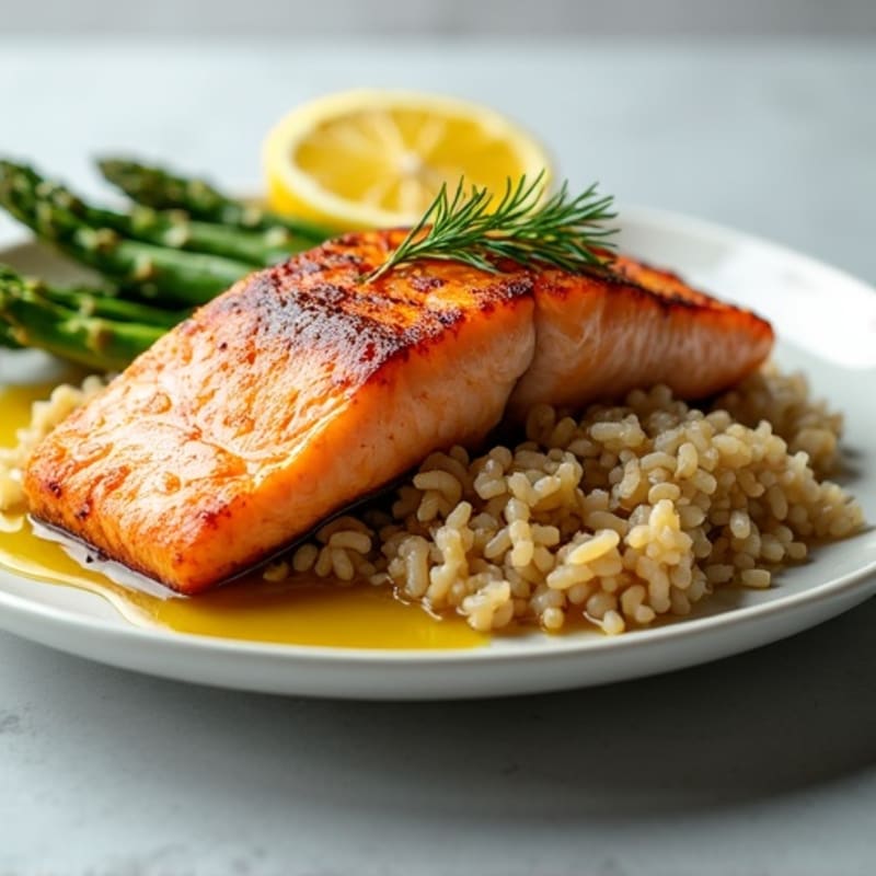 Seared Salmon with Steamed Asparagus and Brown Rice