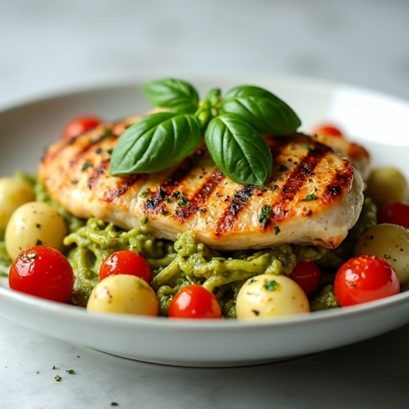 Pillowy Gnocchi with Fresh Basil Pesto and Blistered Cherry Tomatoes (with Grilled Chicken)