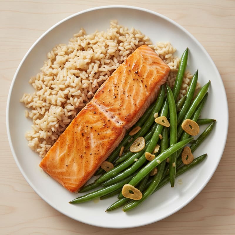 Seared Salmon with Garlic Green Beans and Brown Rice
