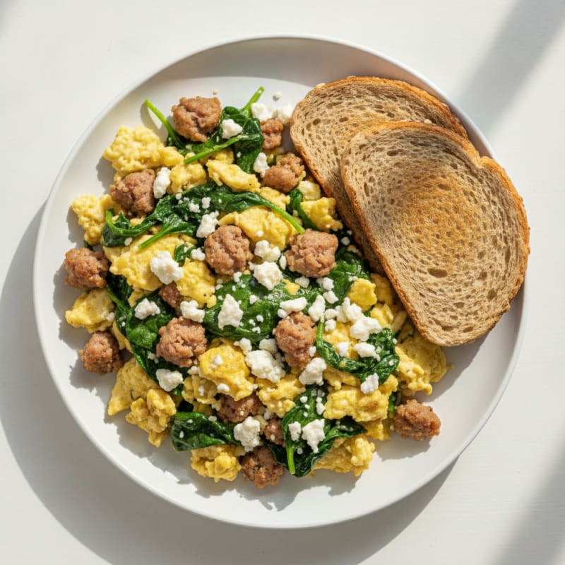 Egg White and Turkey Sausage Scramble with Sautéed Spinach and Feta