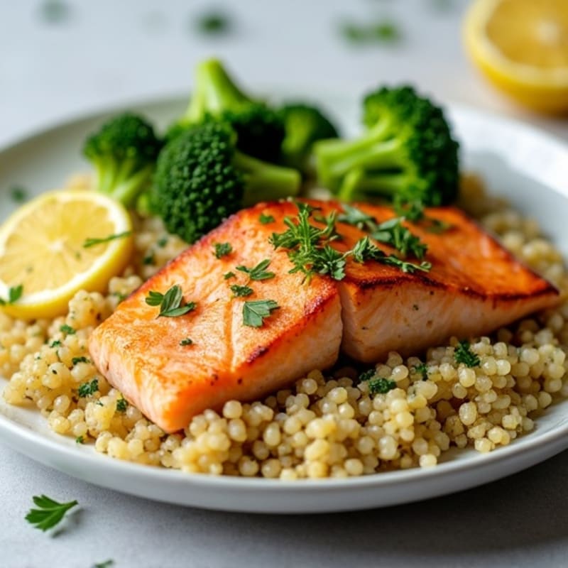Seared Salmon with Steamed Broccoli and Lemon-Herb Quinoa