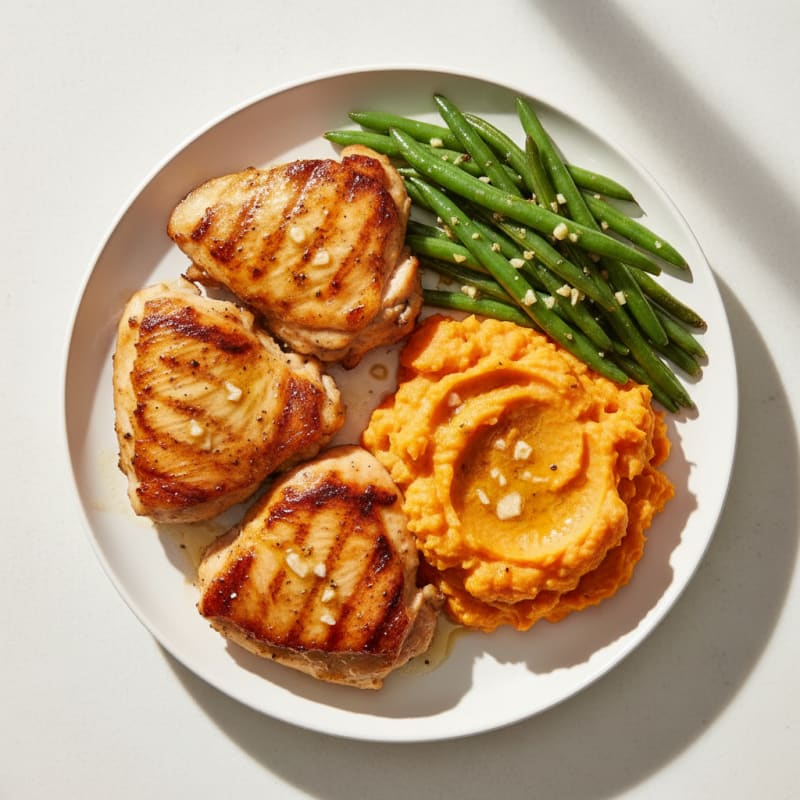 Seared Chicken Thighs with Garlic Green Beans and Sweet Potato Mash