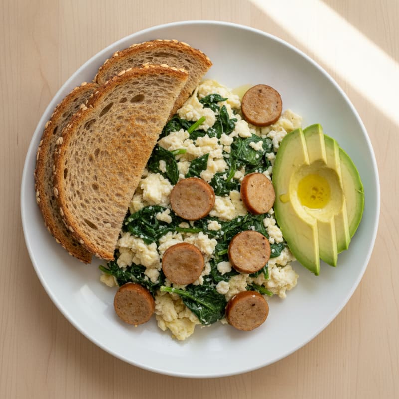 Egg White Spinach Scramble with Turkey Sausage