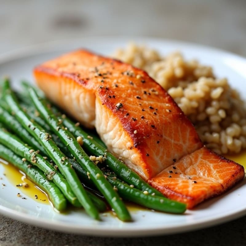 Seared Salmon Fillet with Garlic Green Beans and Brown Rice