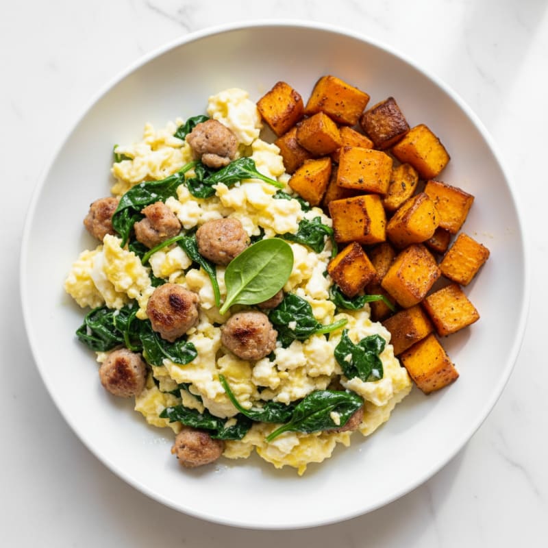 Egg White and Turkey Sausage Scramble with Spinach and Roasted Sweet Potato