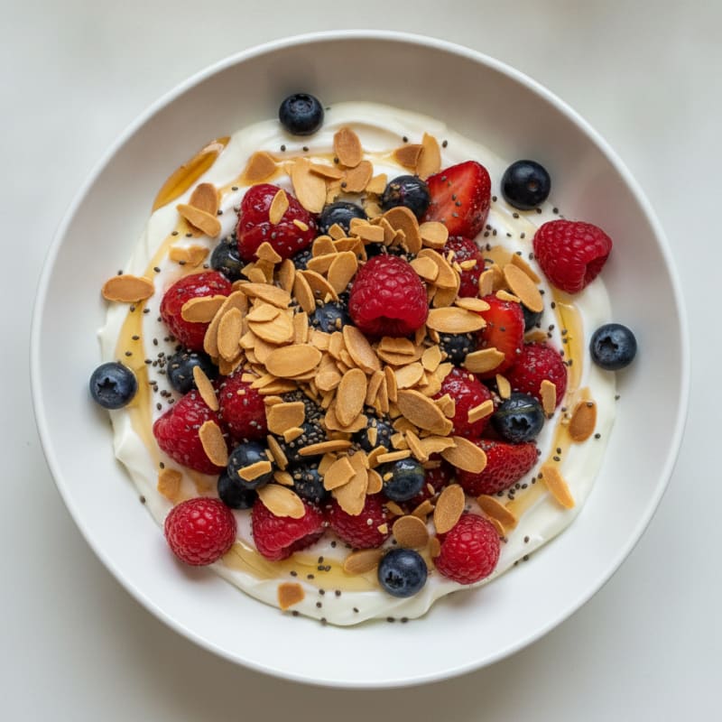 Greek Yogurt Protein Parfait with Mixed Berries and Almonds