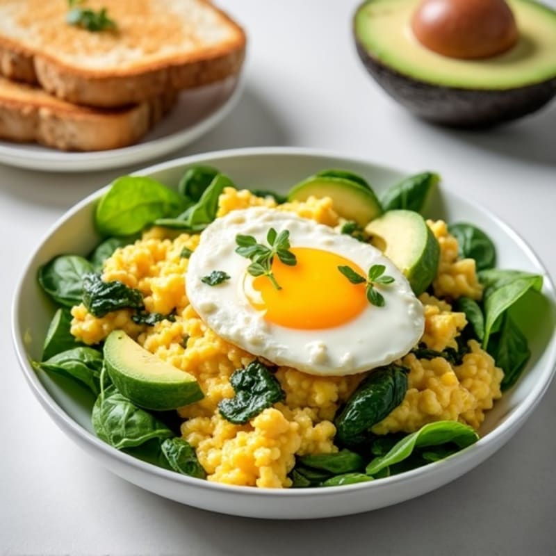 Egg White and Spinach Scramble with Cottage Cheese and Sliced Avocado