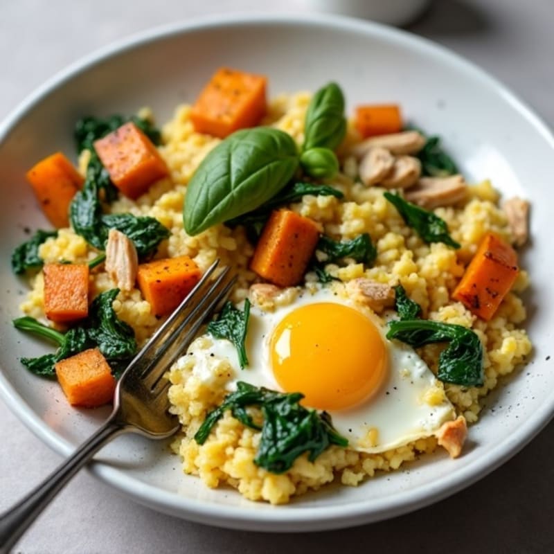 Egg and Spinach Scramble with Roasted Sweet Potatoes