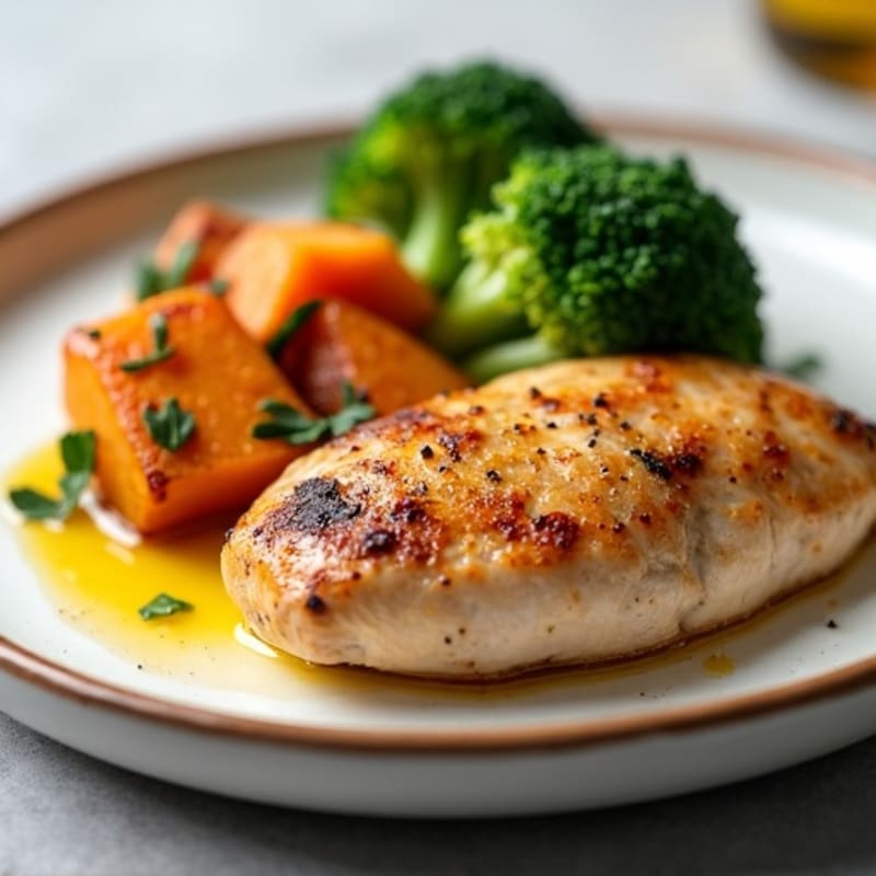 Seared Chicken Breast with Roasted Sweet Potato and Steamed Broccoli