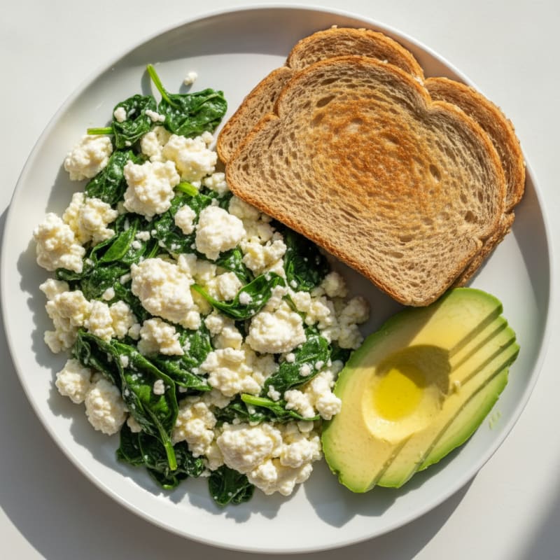 Egg White Scramble with Cottage Cheese and Sautéed Spinach