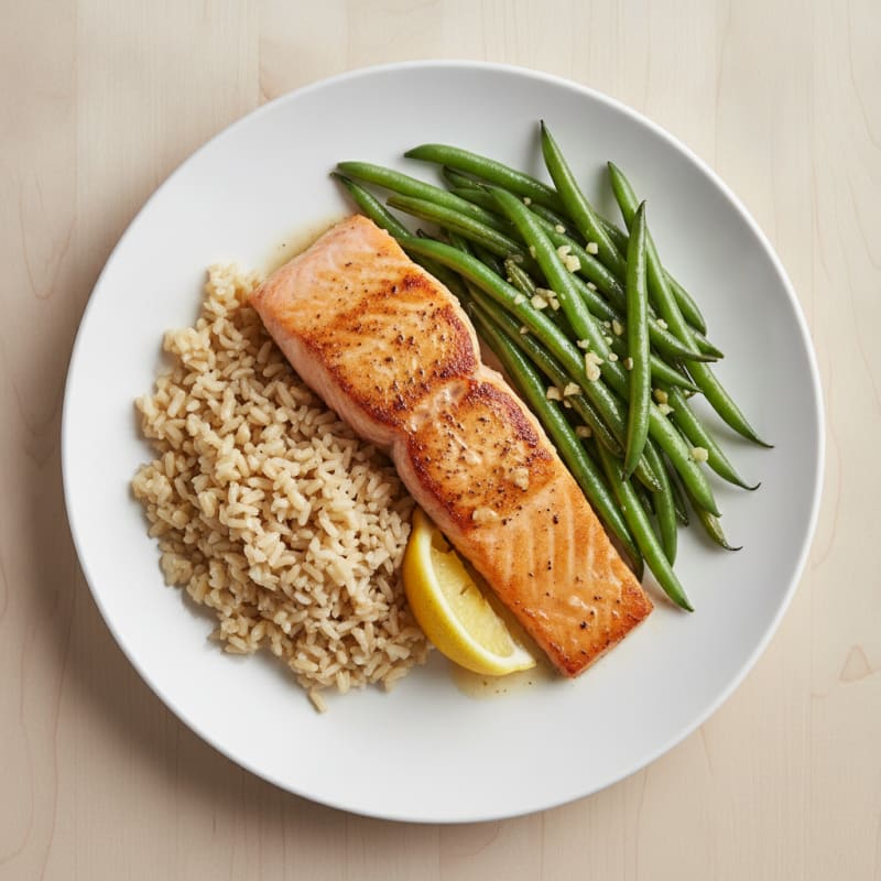 Seared Salmon with Garlic Green Beans and Brown Rice