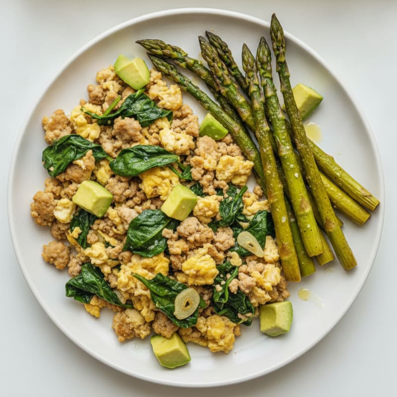Ground Turkey and Spinach Scramble with Roasted Asparagus