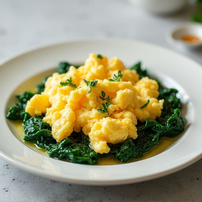 Scrambled Eggs with Cottage Cheese and Sautéed Spinach