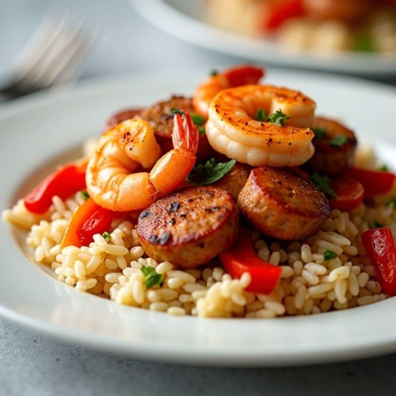 Hearty Spicy Chicken, Shrimp, and Lean Sausage with Rice and Bell Peppers