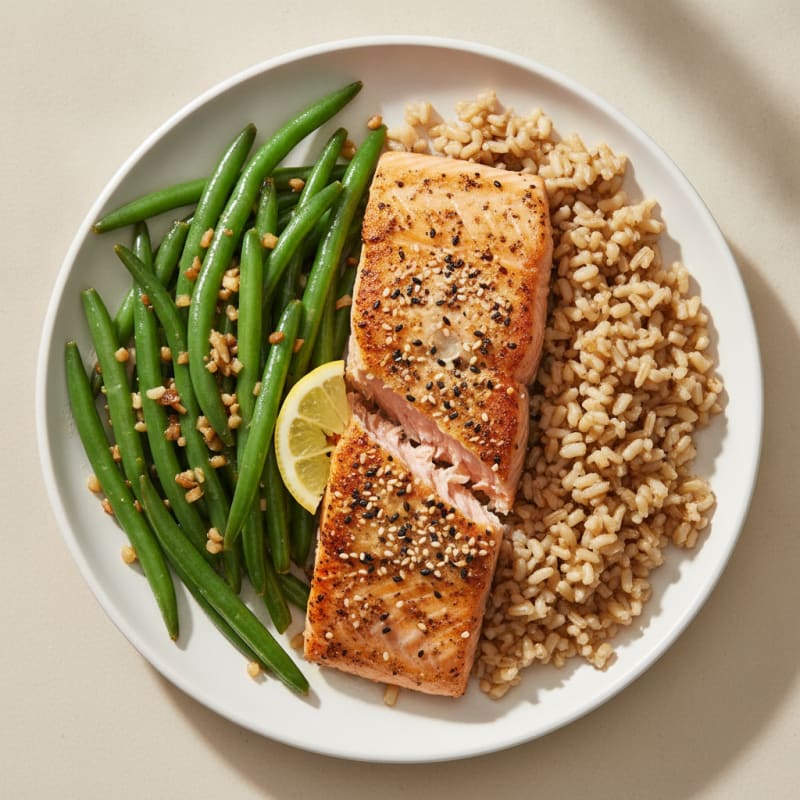 Seared Salmon with Garlic Green Beans and Brown Rice