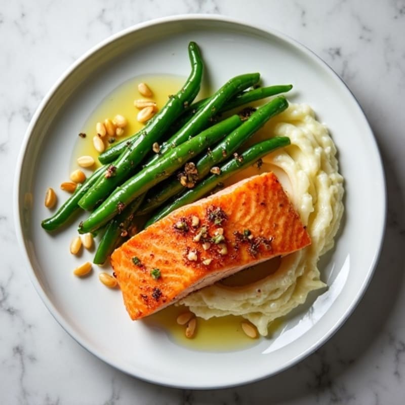 Seared Salmon with Garlic Green Beans and Cauliflower Mash