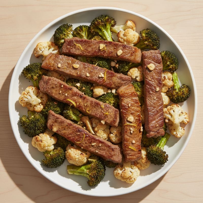 Seared Lean Beef Strips with Roasted Broccoli and Cauliflower