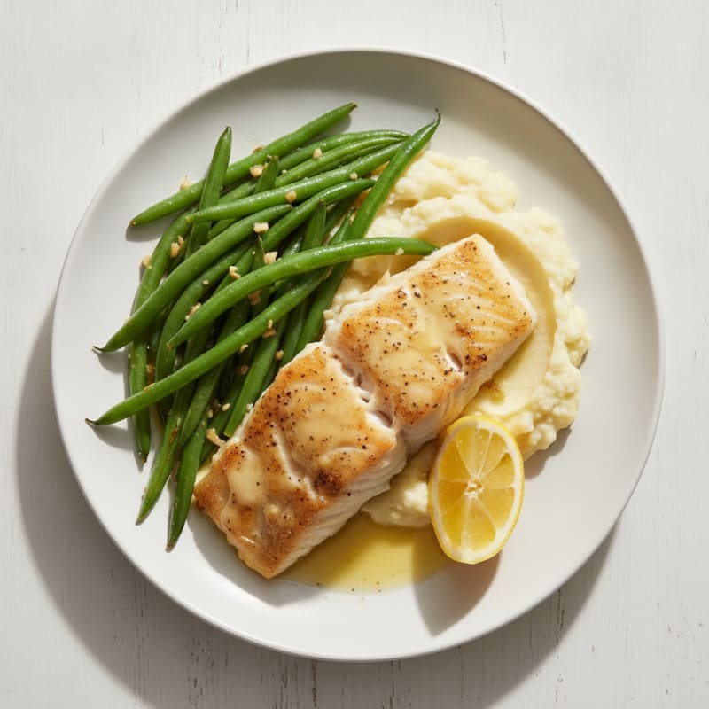 Baked Cod with Garlic Green Beans and Mashed Cauliflower