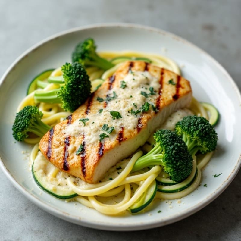 Creamy Chicken Alfredo with Zucchini Noodles and Roasted Broccoli