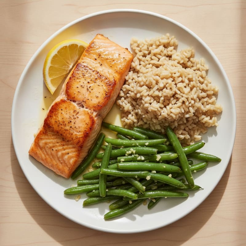 Seared Salmon with Garlic Green Beans and Brown Rice