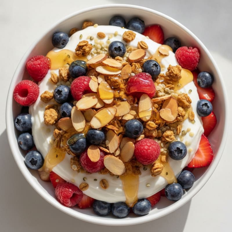 Greek Yogurt Protein Parfait with Mixed Berries and Almonds