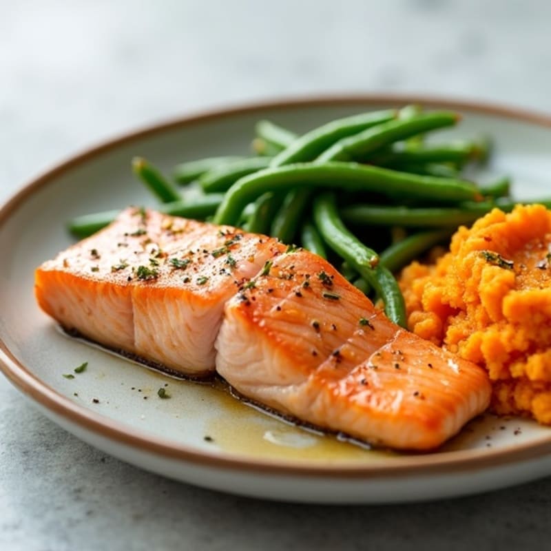 Seared Salmon with Garlic Green Beans and Sweet Potato Mash