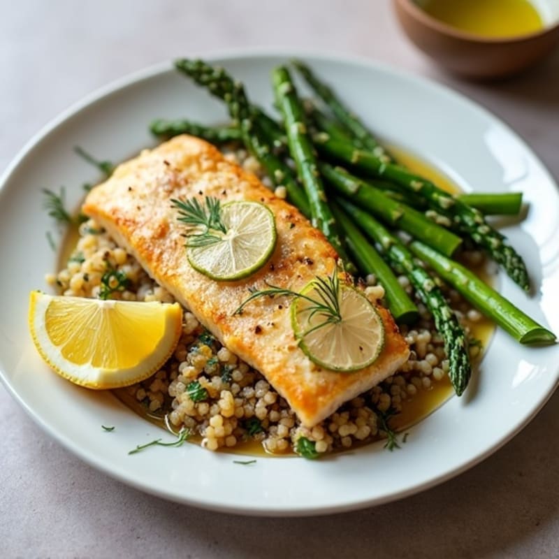 Pan-Seared Flounder with Roasted Asparagus and Lemon-Dill Quinoa