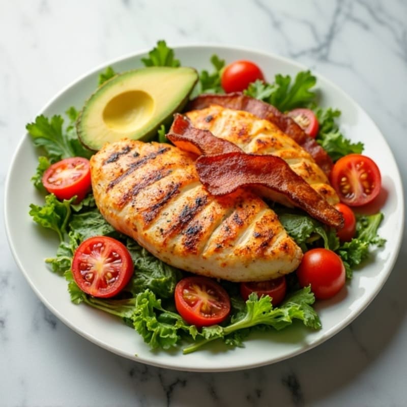 Crispy Turkey Bacon and Grilled Chicken Salad with Fresh Greens, Ripe Tomatoes, and Creamy Avocado