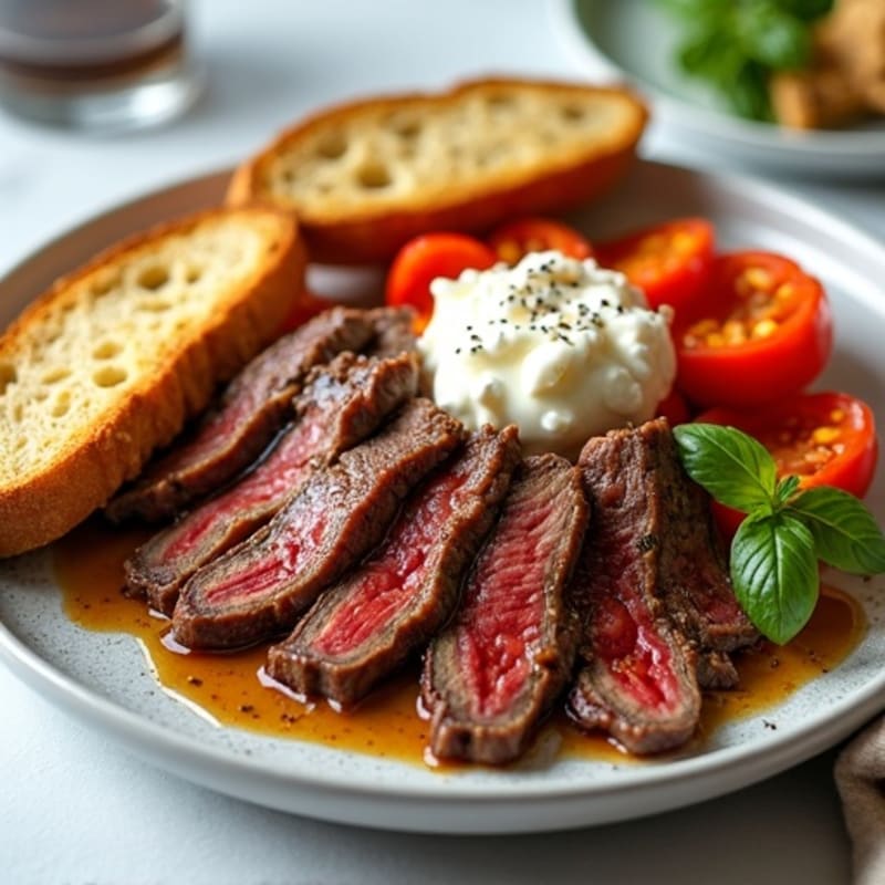 Seared Beef Strips with Roasted Paprika Vegetables and Kefir Dressing