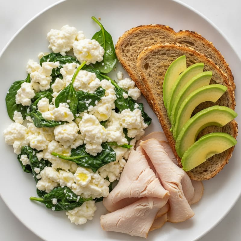 Egg White Spinach Scramble with Cottage Cheese and Sliced Turkey