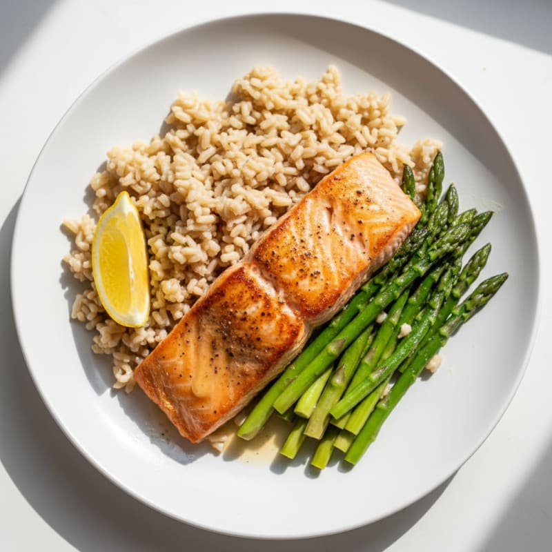 Seared Salmon with Steamed Asparagus and Brown Rice