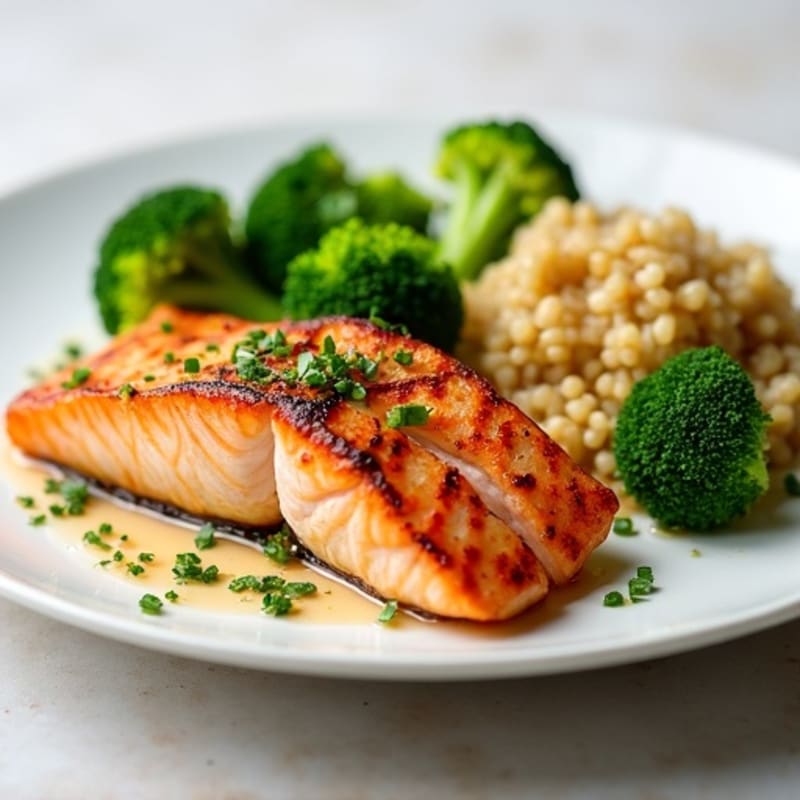 Seared Salmon with Steamed Broccoli and Quinoa