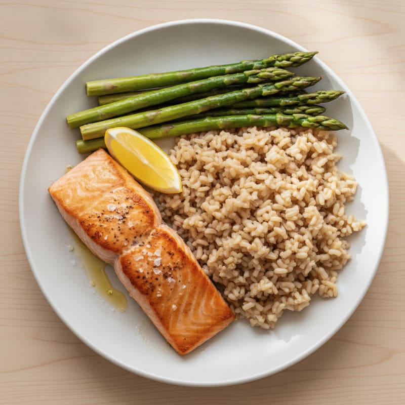Seared Salmon with Steamed Asparagus and Brown Rice