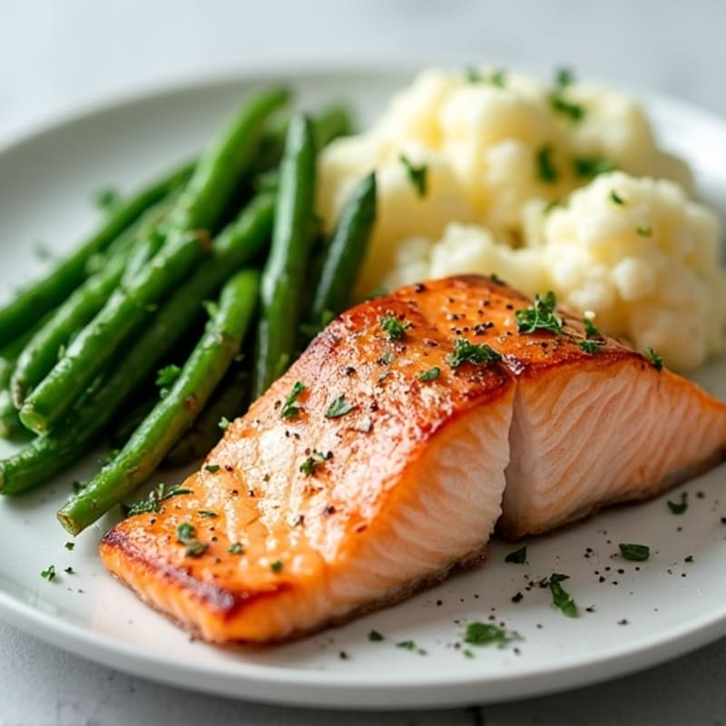 Seared Salmon with Steamed Green Beans and Mashed Cauliflower