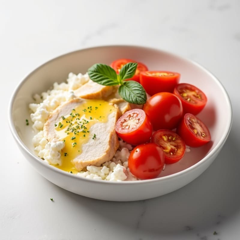 Cottage Cheese with Sliced Chicken Breast and Cherry Tomatoes