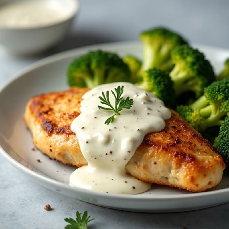 Chicken with Lighter Creamy Garlic Sauce and Roasted Broccoli
