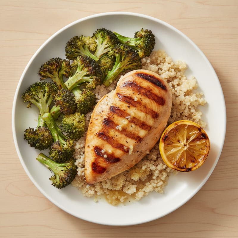 Grilled Lemon Garlic Chicken Breast with Quinoa and Roasted Broccoli