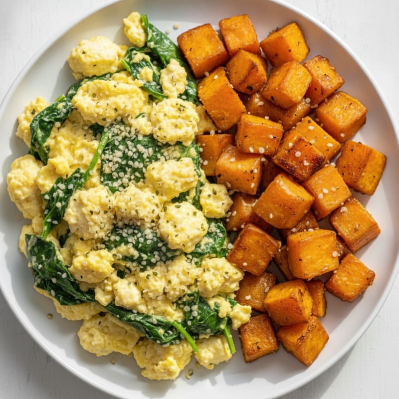 Cottage Cheese Scramble with Spinach and Roasted Sweet Potato