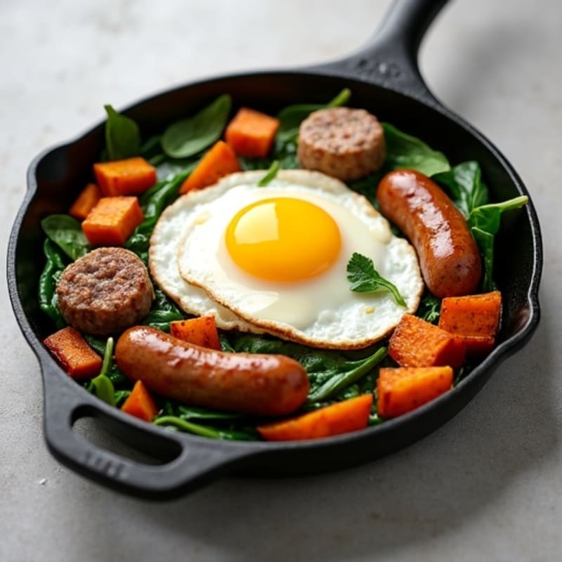 Lean Turkey Sausage and Egg Skillet with Roasted Sweet Potatoes and Spinach