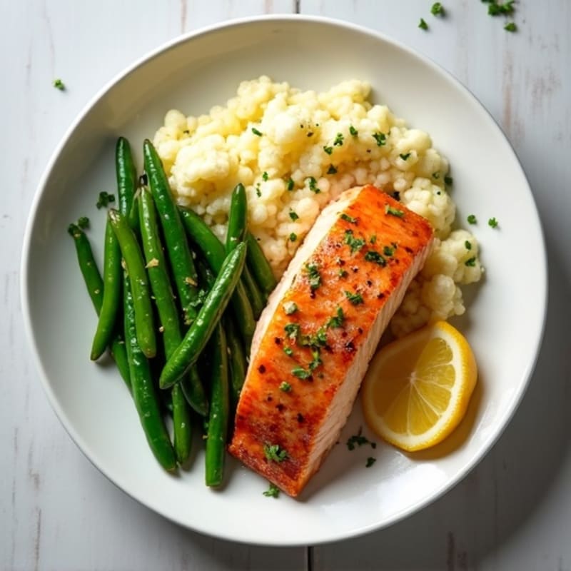 Seared Salmon with Garlic Green Beans and Mashed Cauliflower