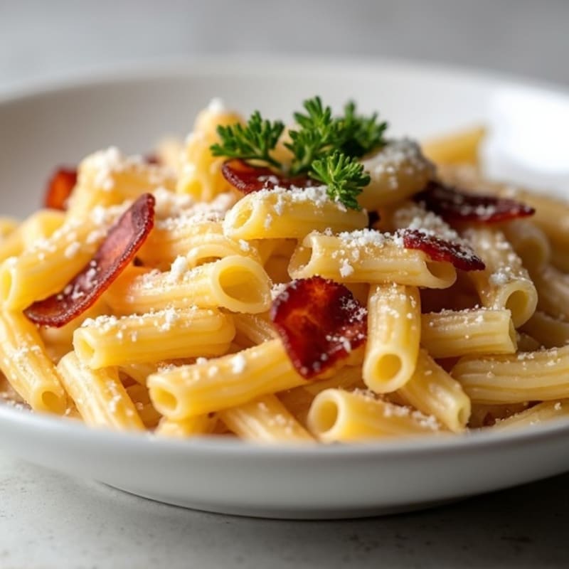 Whole Wheat Pasta with Lightened Creamy Carbonara and Crispy Turkey Bacon