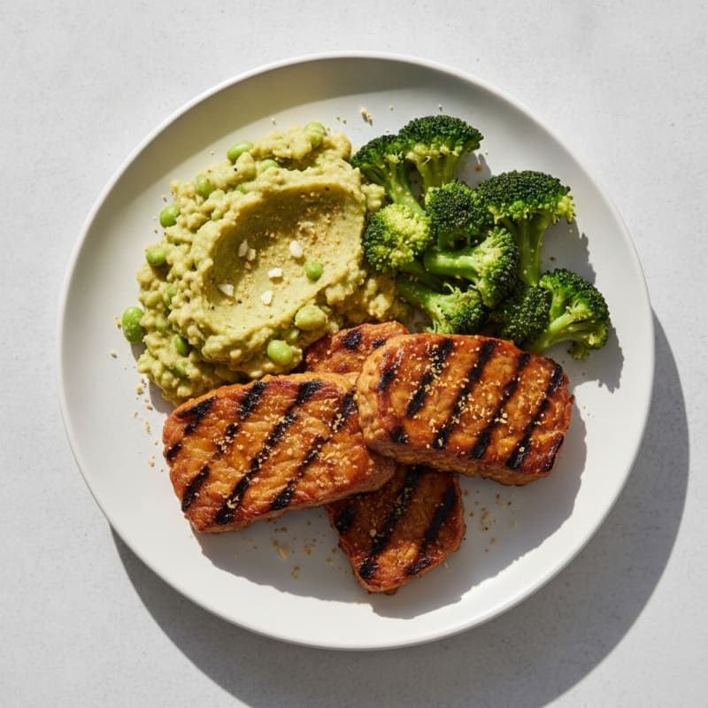 Grilled Tempeh Steaks with Steamed Broccoli and Edamame Mash