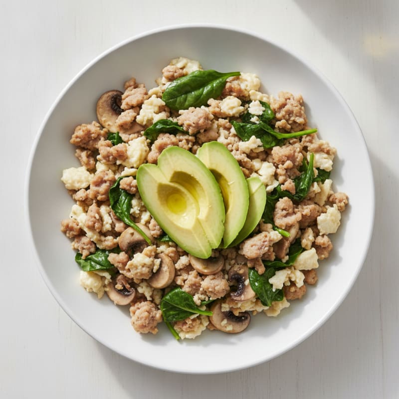 Egg White and Turkey Sausage Scramble with Spinach and Mushrooms