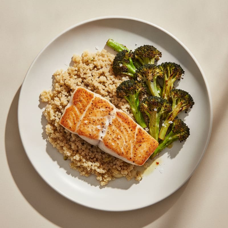 Seared Cod with Roasted Broccoli and Garlic Quinoa