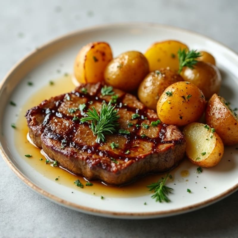 Pan-Seared Garlic Herb Steak with Crispy Roasted Potatoes