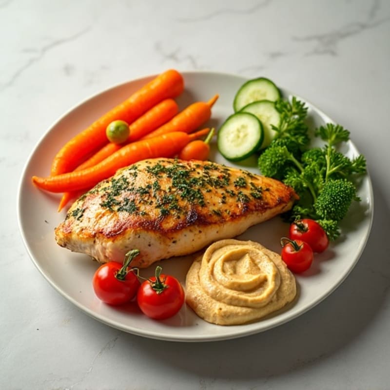 Herb-Roasted Chicken and Crisp Vegetable Platter with Creamy Hummus